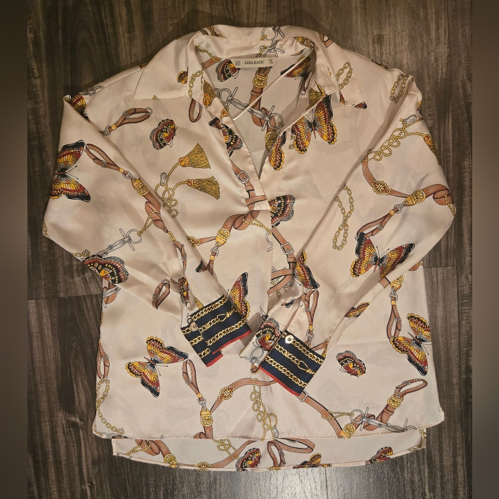 Zara Cream Casual Button Down Shirt with Equestrian Print